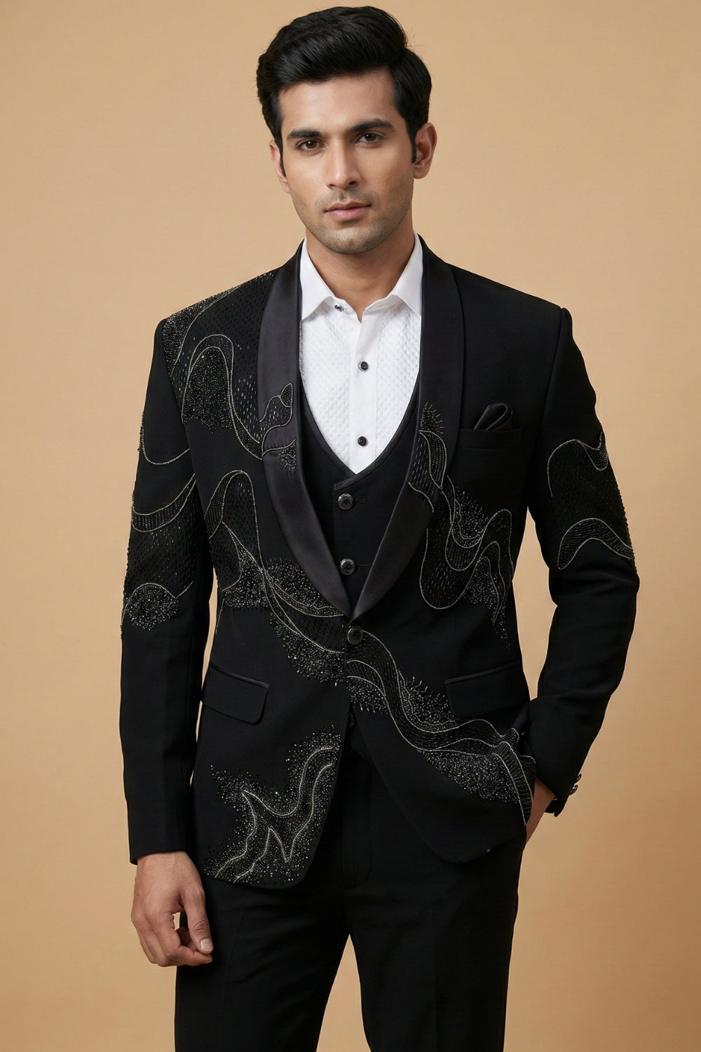 Black Five Piece Imported Suit With Cutdana And Moti