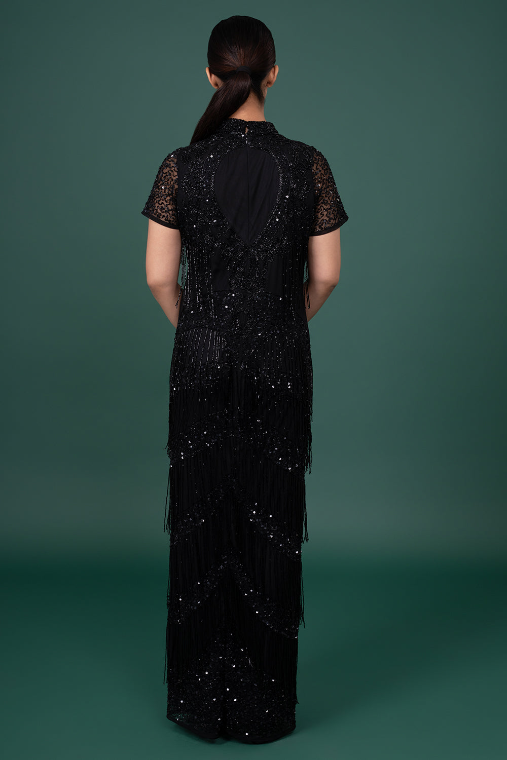 Black Halter-Neck Gown With Diagonally Placed Sequin And Bead Embellishments