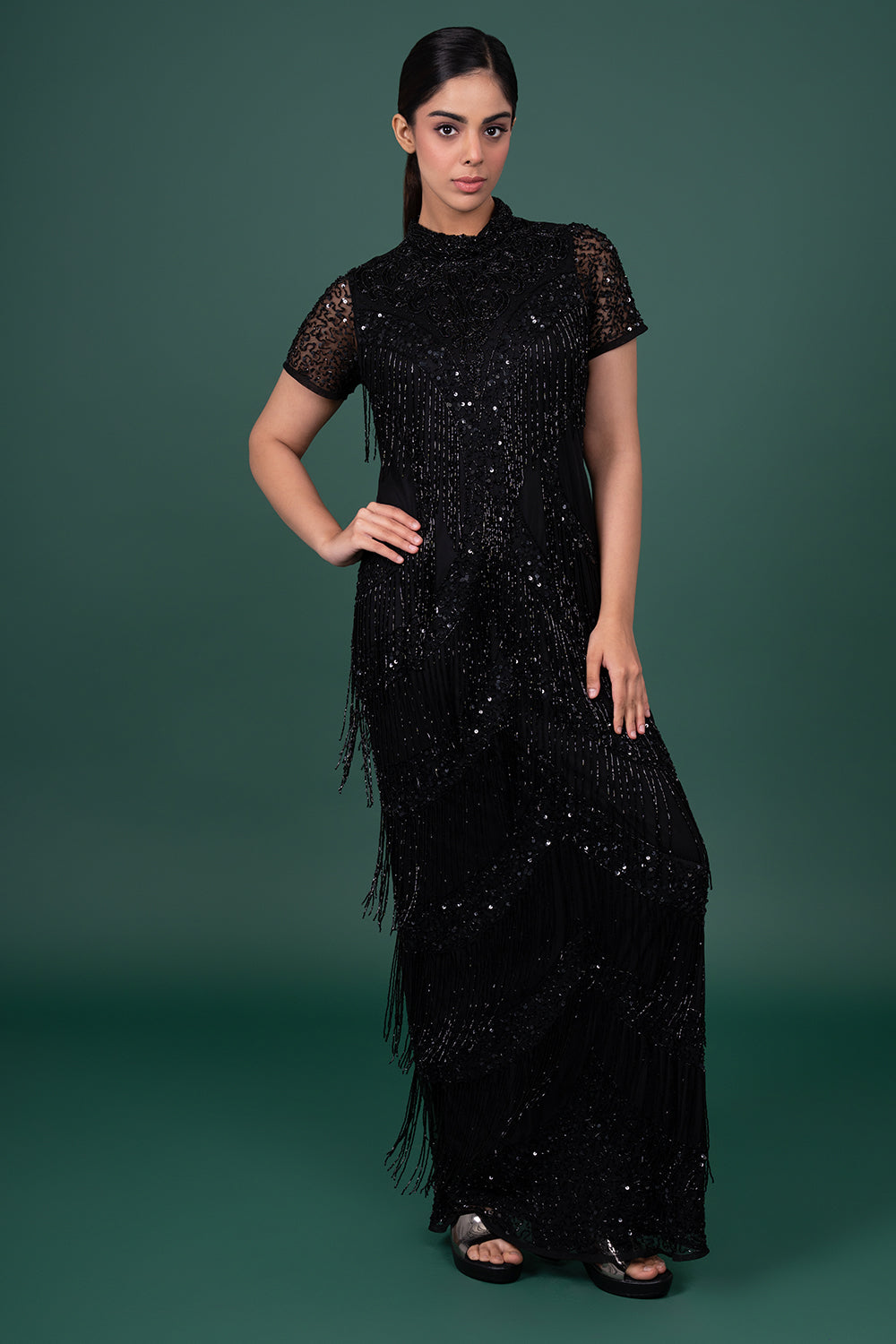 Black Halter-Neck Gown With Diagonally Placed Sequin And Bead Embellishments