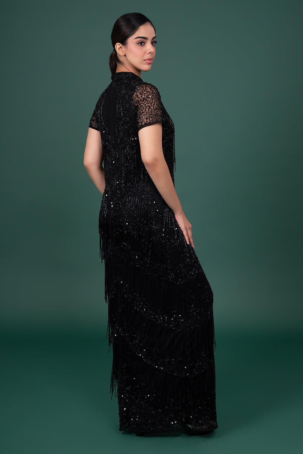 Black Halter-Neck Gown With Diagonally Placed Sequin And Bead Embellishments