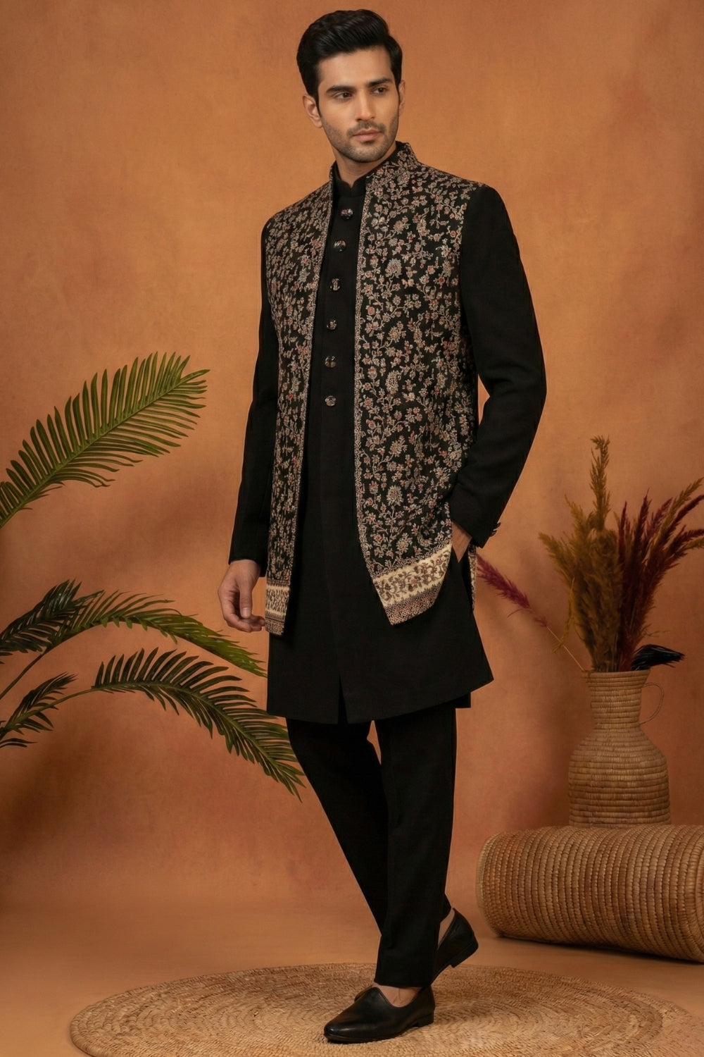 Black Imported Indo Western With Printed Jacket