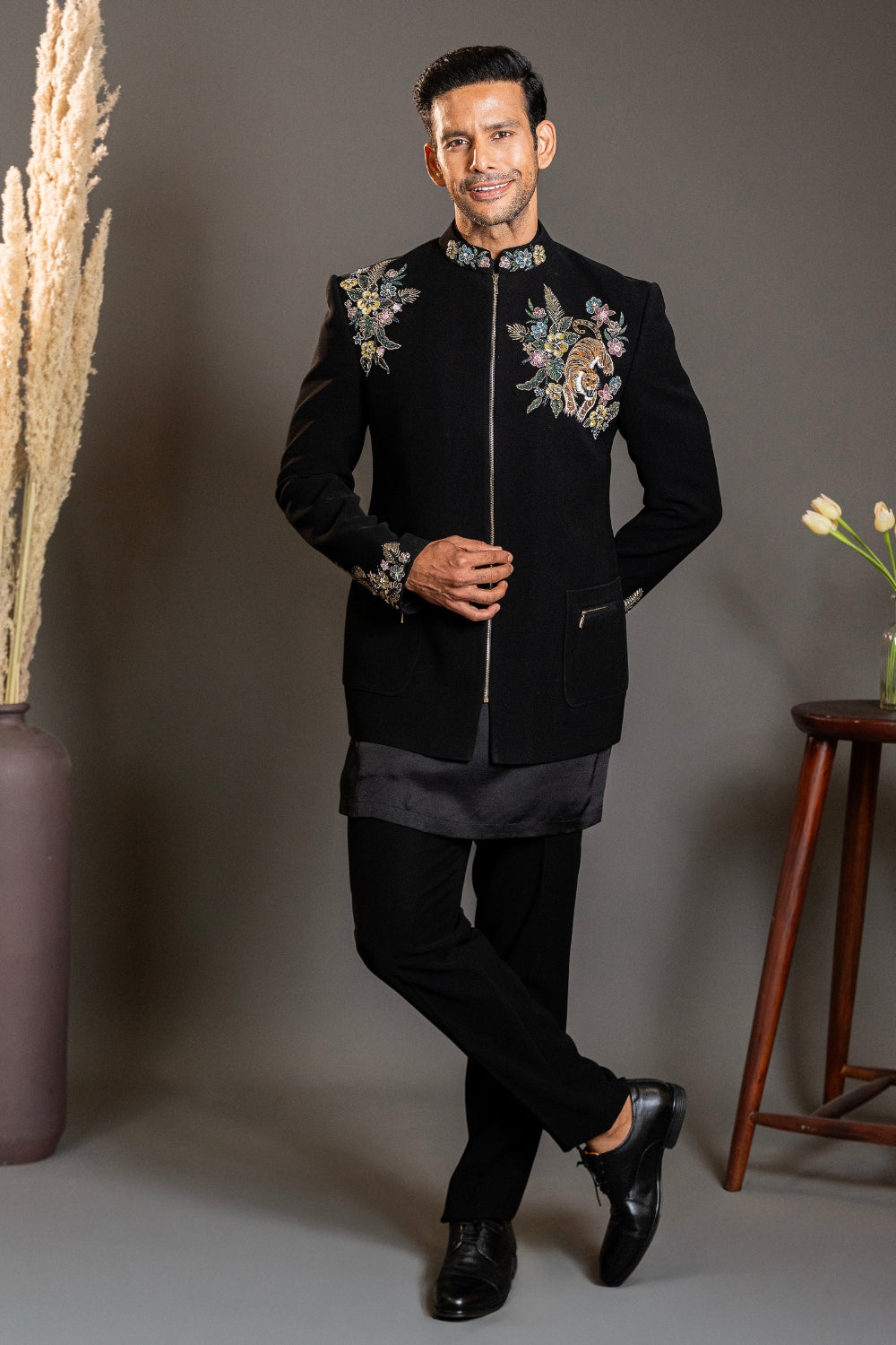 Black Imported Indo Western With Hand Painting And Aari Work
