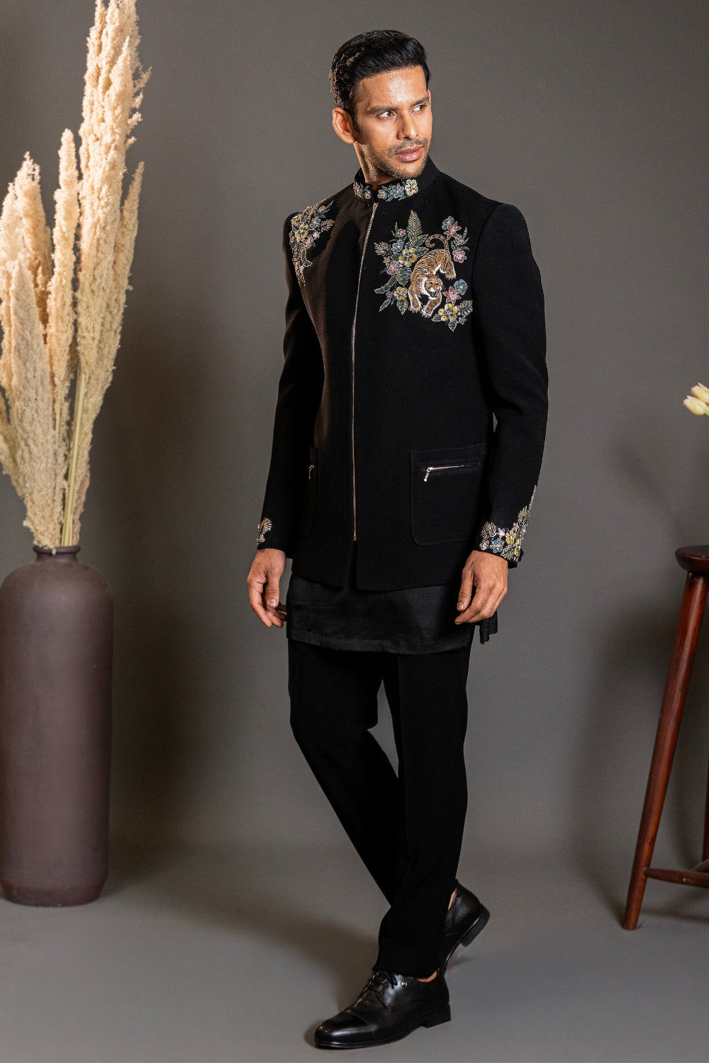 Black Imported Indo Western With Hand Painting And Aari Work
