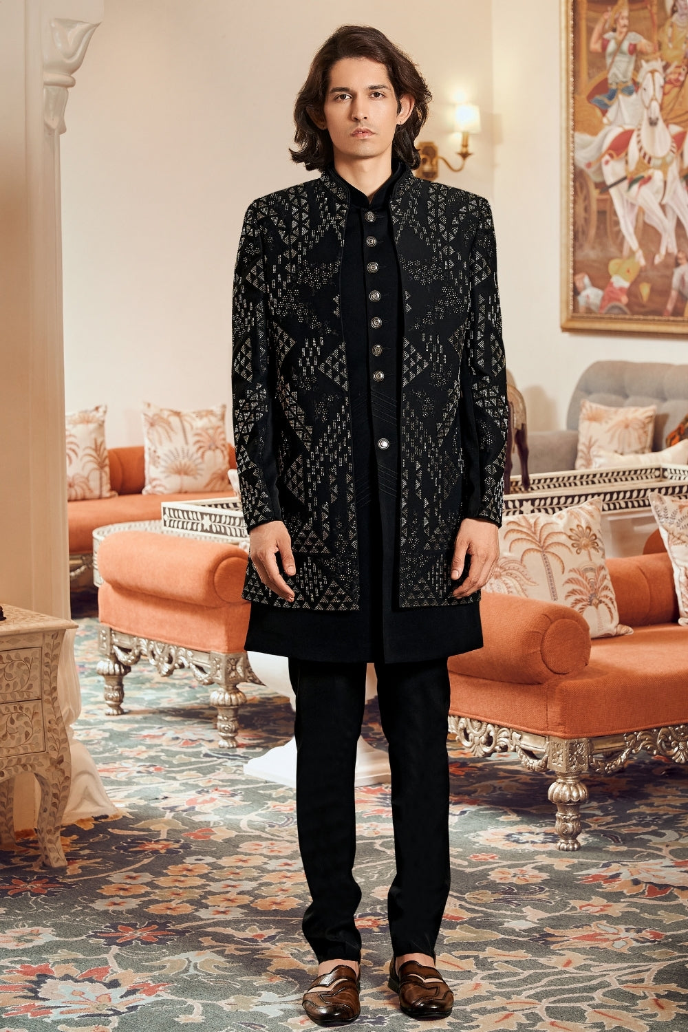 Black Imported Indo Western With Cutdana And Embroidery Work