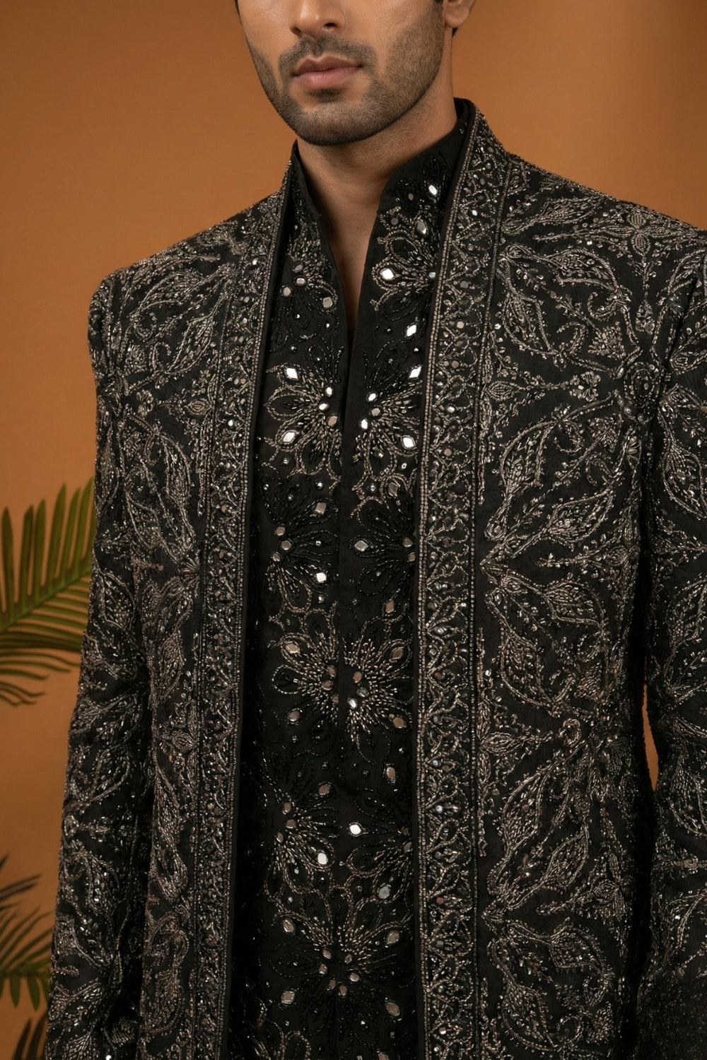 Black Imported Indo Western Set With Moti And Cutdana Work