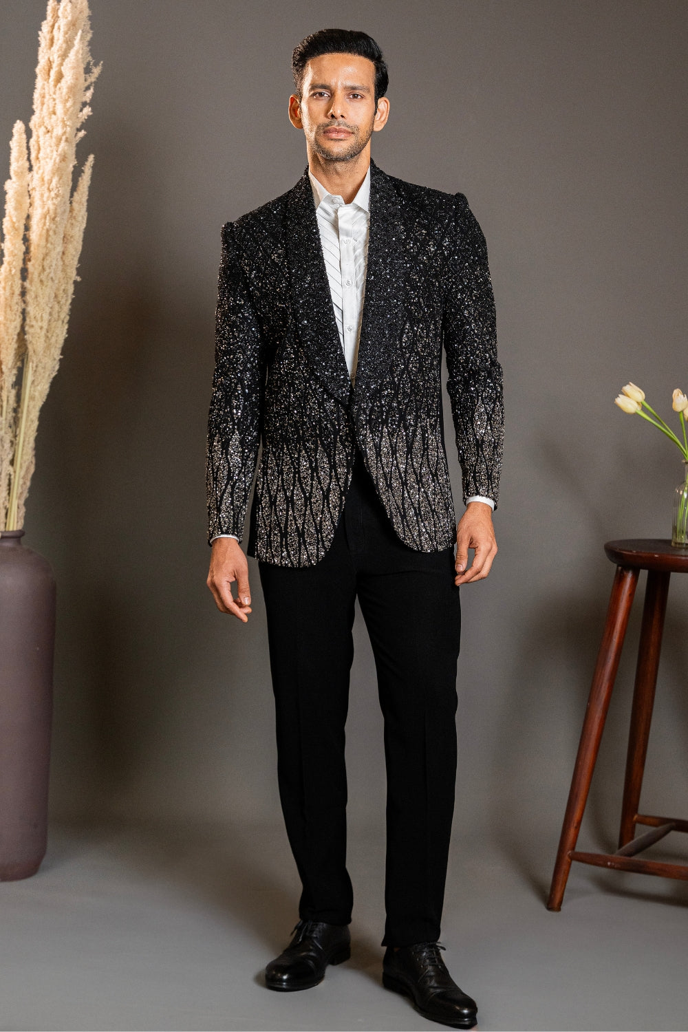 Black Imported Tuxedo With Sequins And Cutdana Work