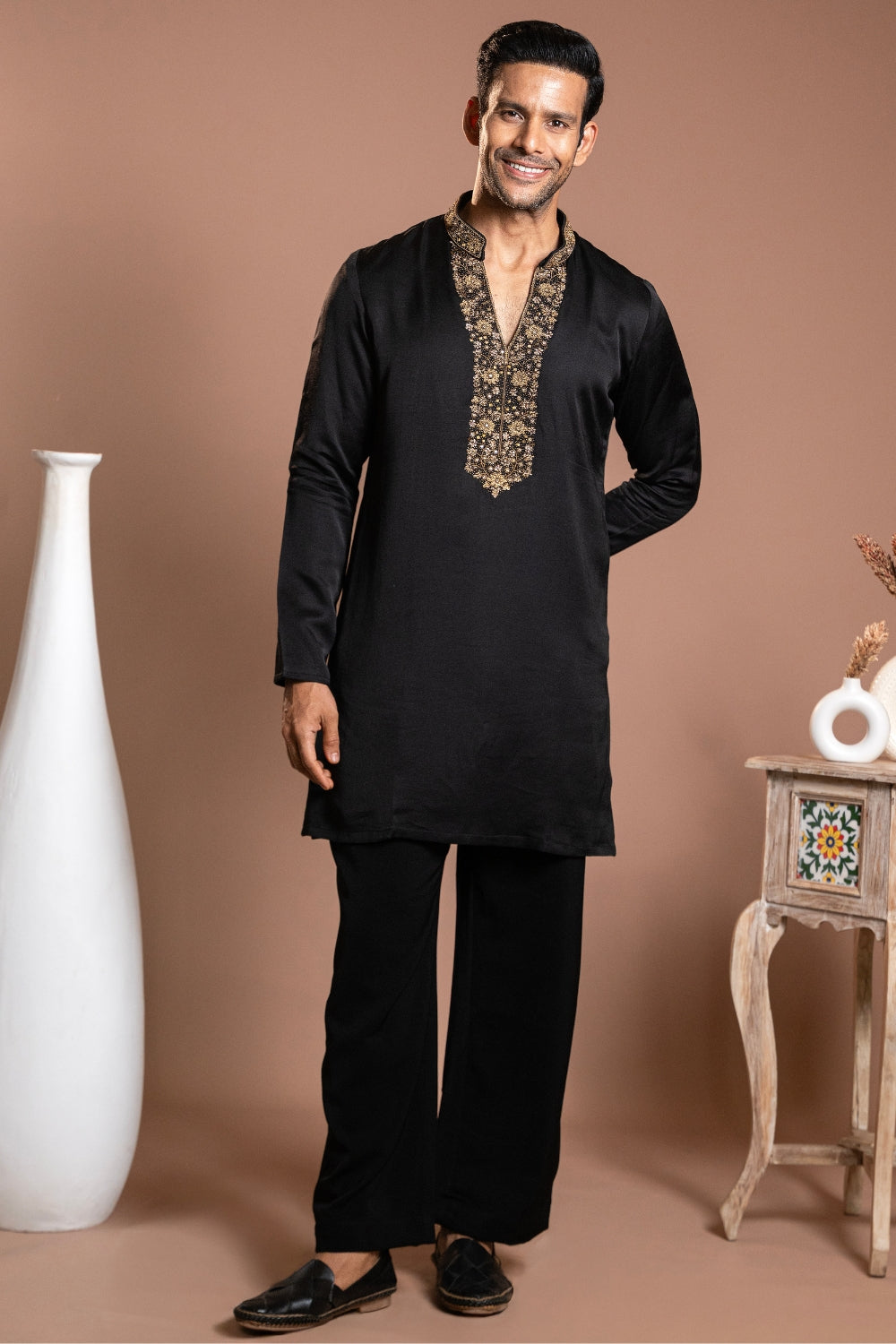 Black Linen Satin Kurta Set With Zardosi And Moti Work