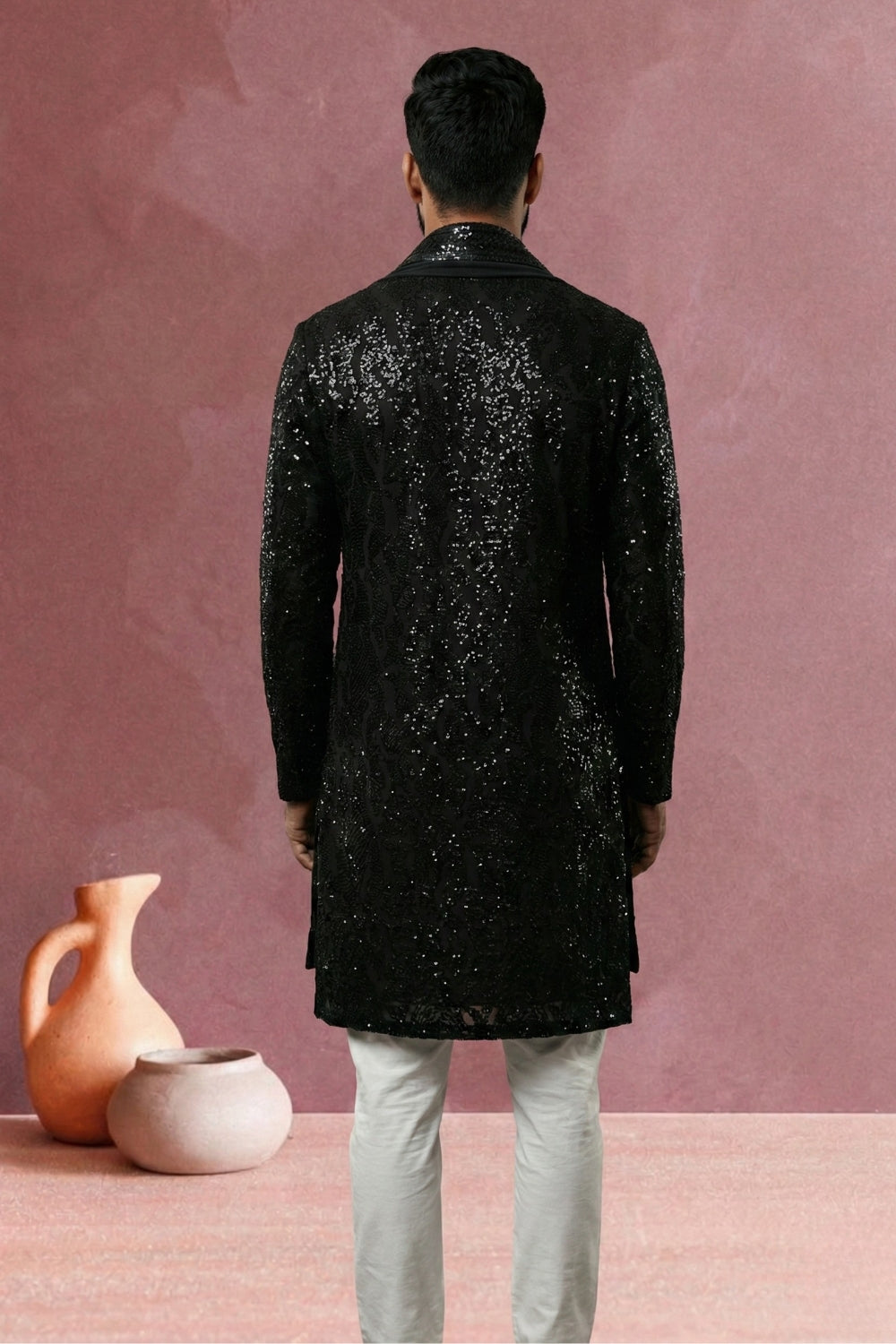 Black Net Kurta Set With Sequins Work