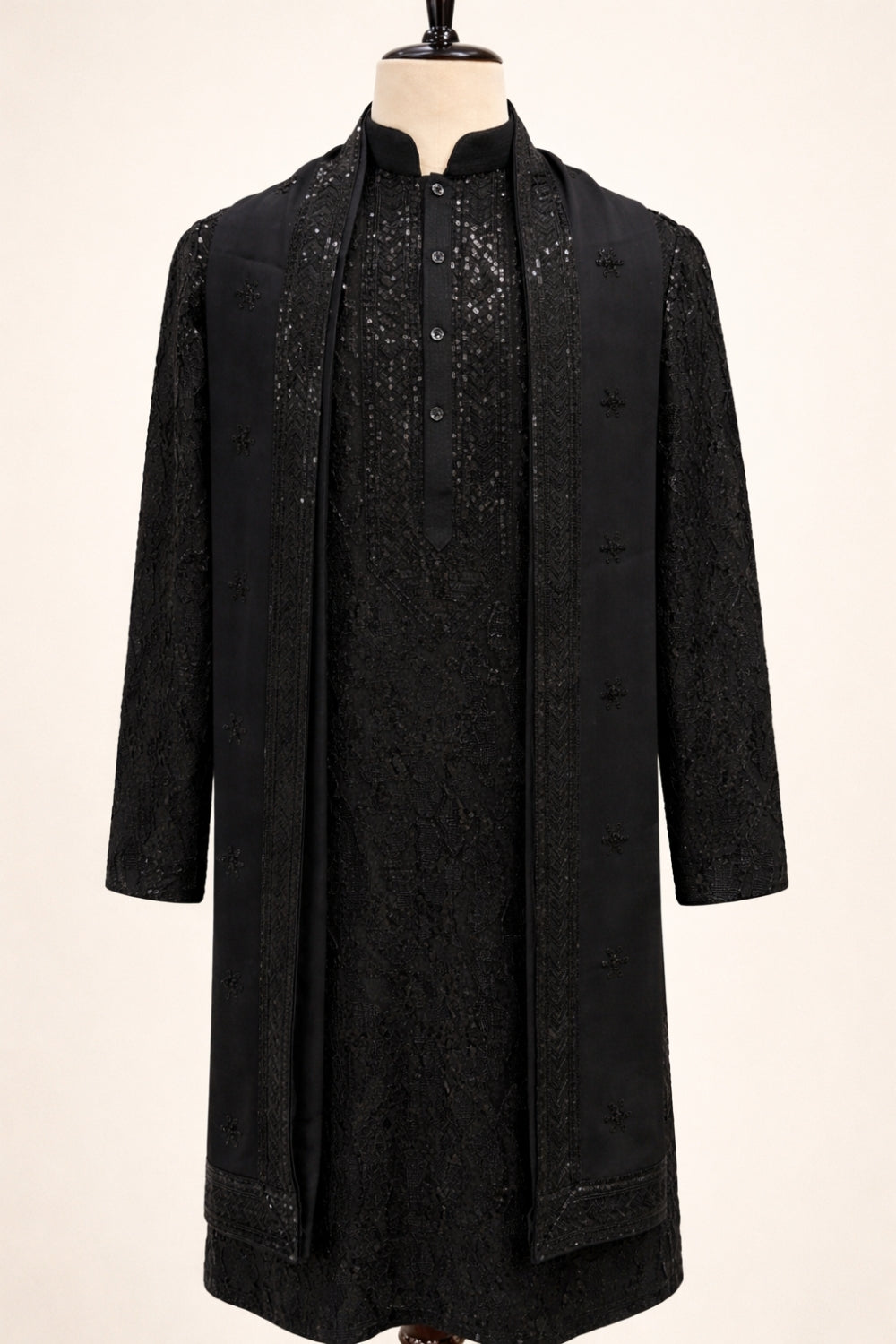Black Net Kurta Set With Sequins Work