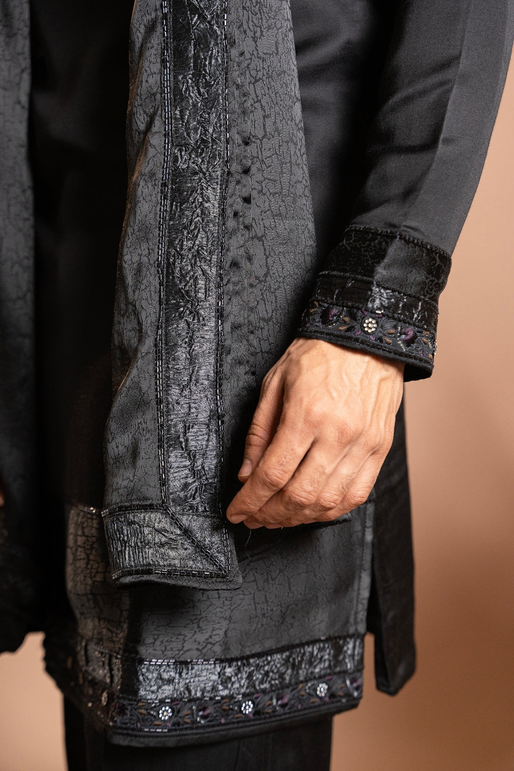 Black Satin Linen Kurta Set With Stone And Cutdana Work