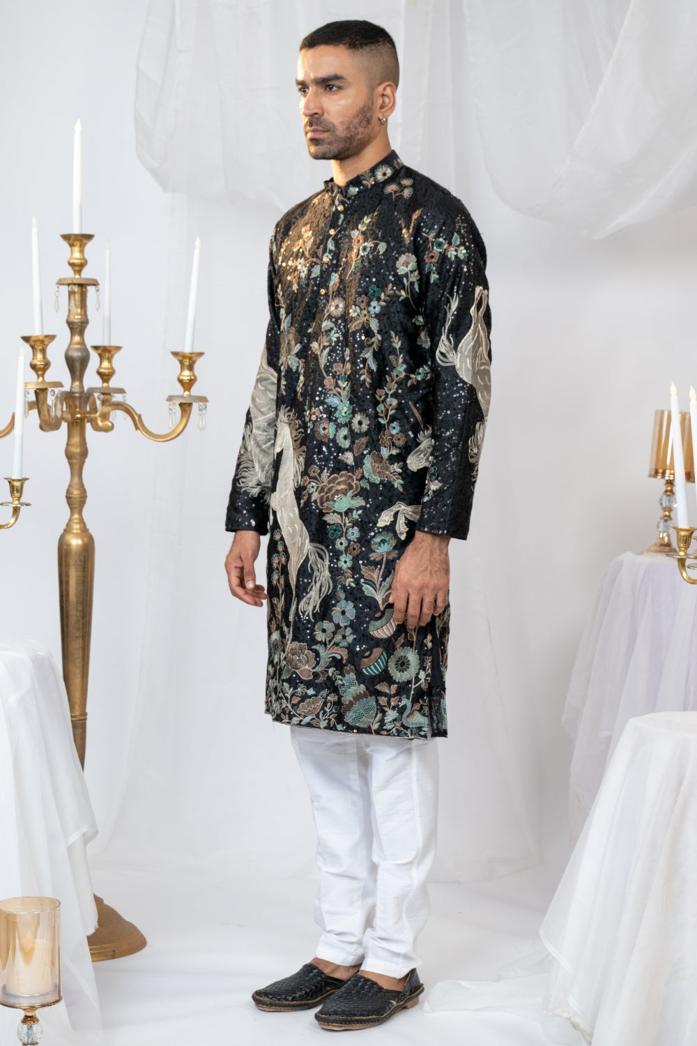 Semi Silk Kurta Set With Sequins And Resham Embroidery