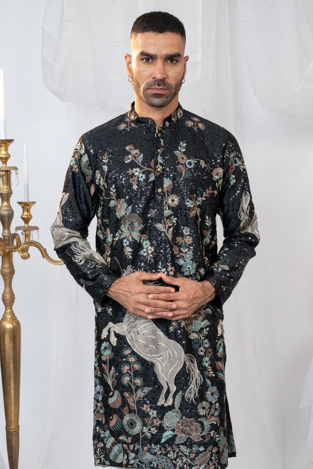 Semi Silk Kurta Set With Sequins And Resham Embroidery