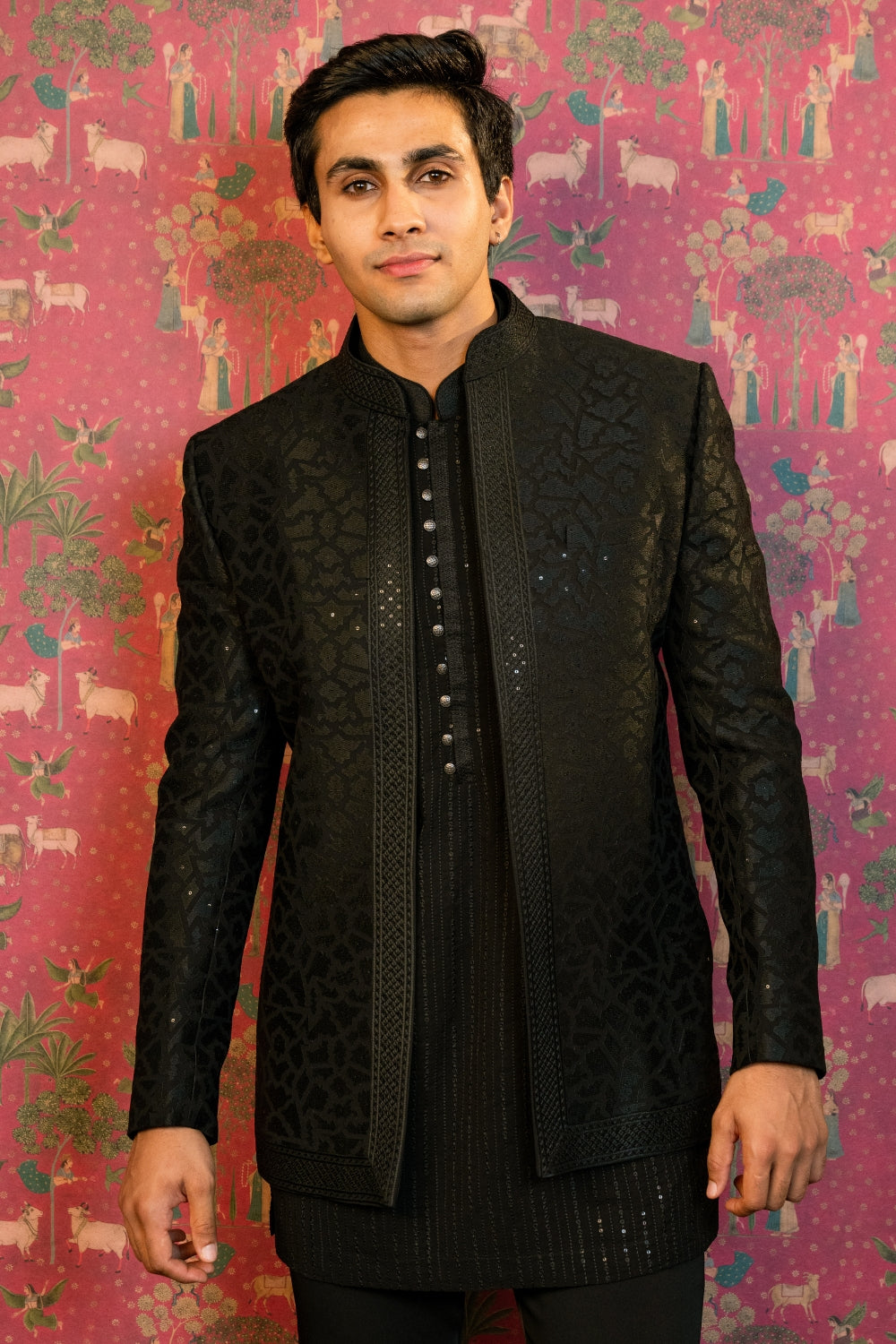Black Silk Indo Western Set With Sequins And Embroidery