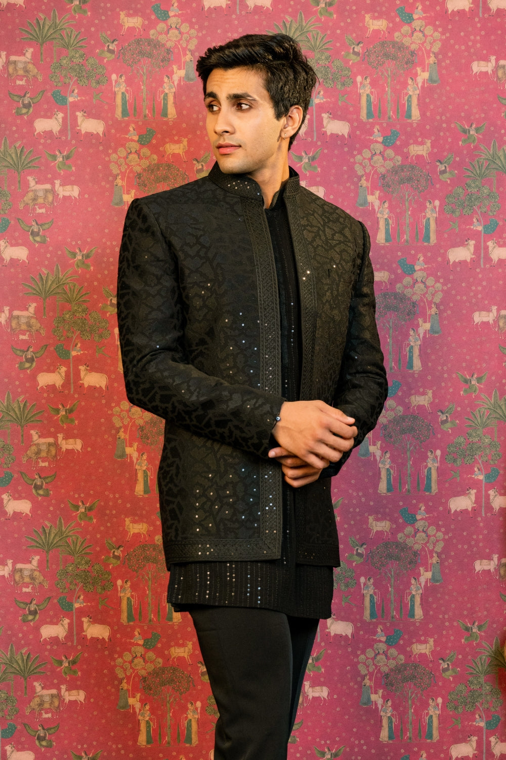 Black Silk Indo Western Set With Sequins And Embroidery