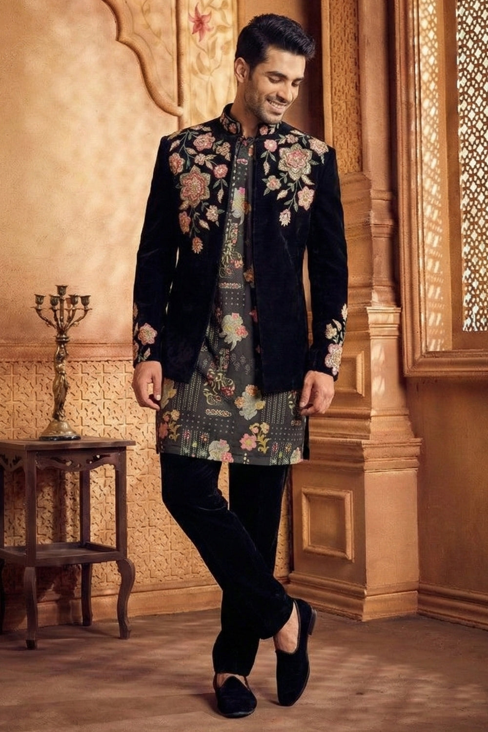 Black Silk Indo Western With Moti And Resham Embroidery Work