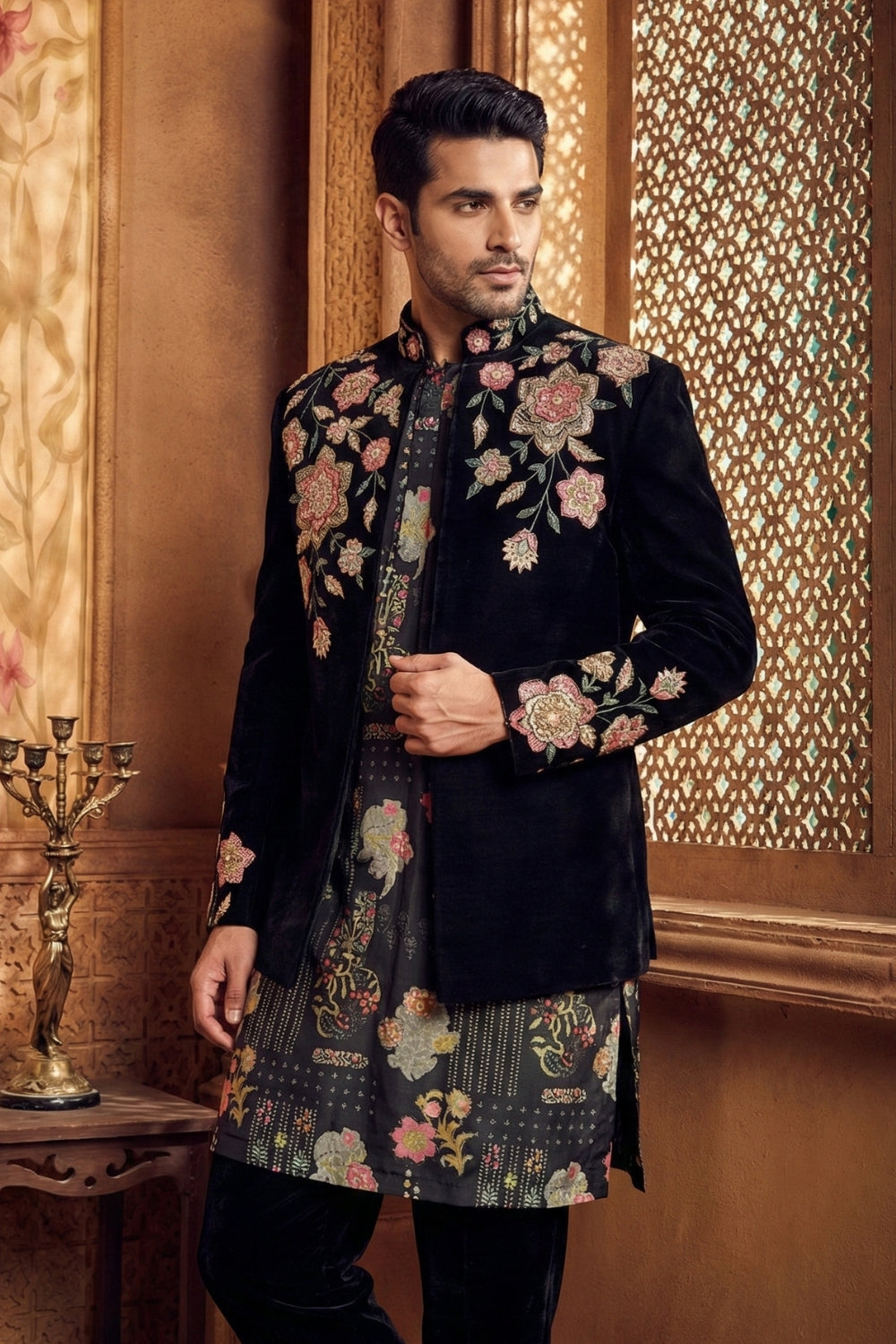 Black Silk Indo Western With Moti And Resham Embroidery Work