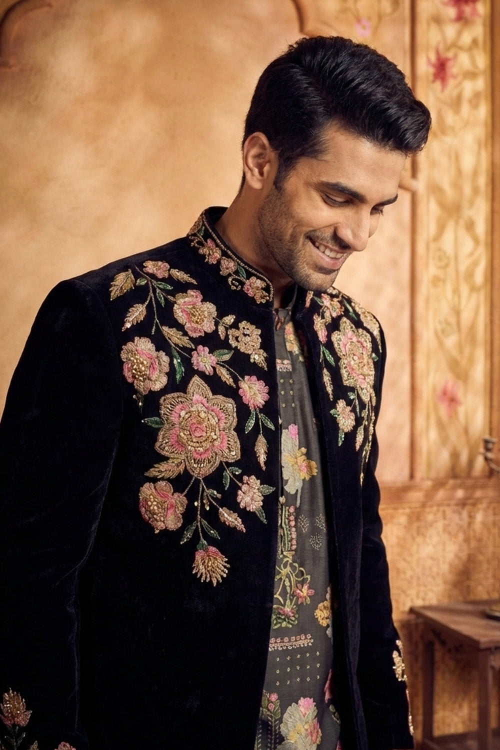 Black Silk Indo Western With Moti And Resham Embroidery Work
