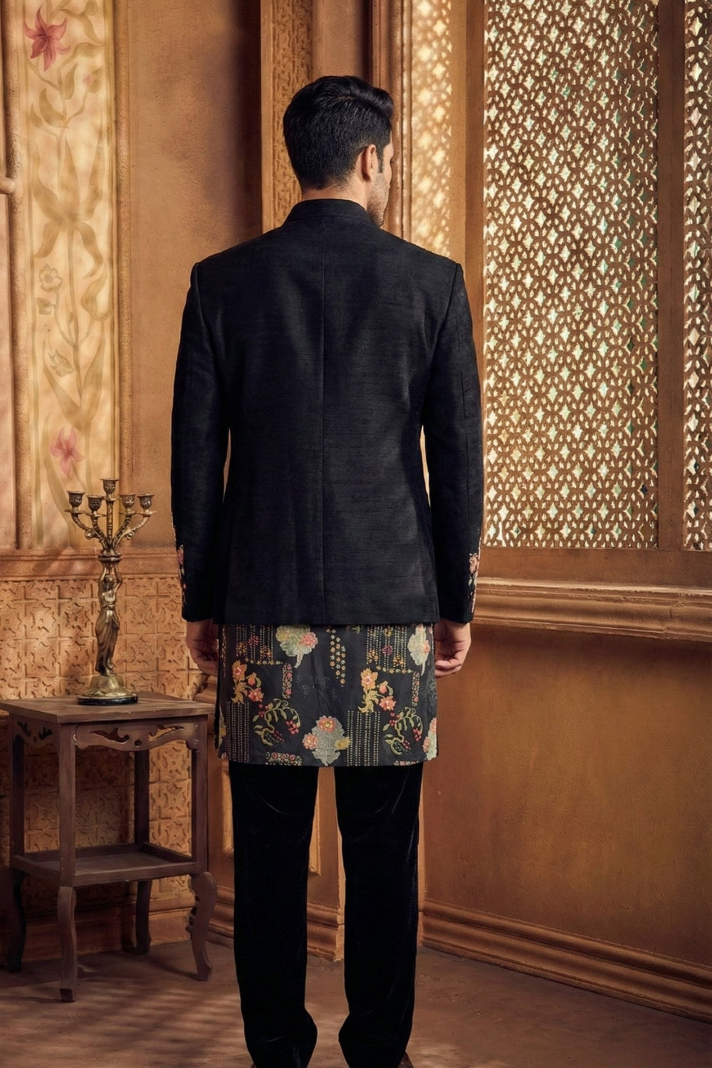 Black Silk Indo Western With Moti And Resham Embroidery Work