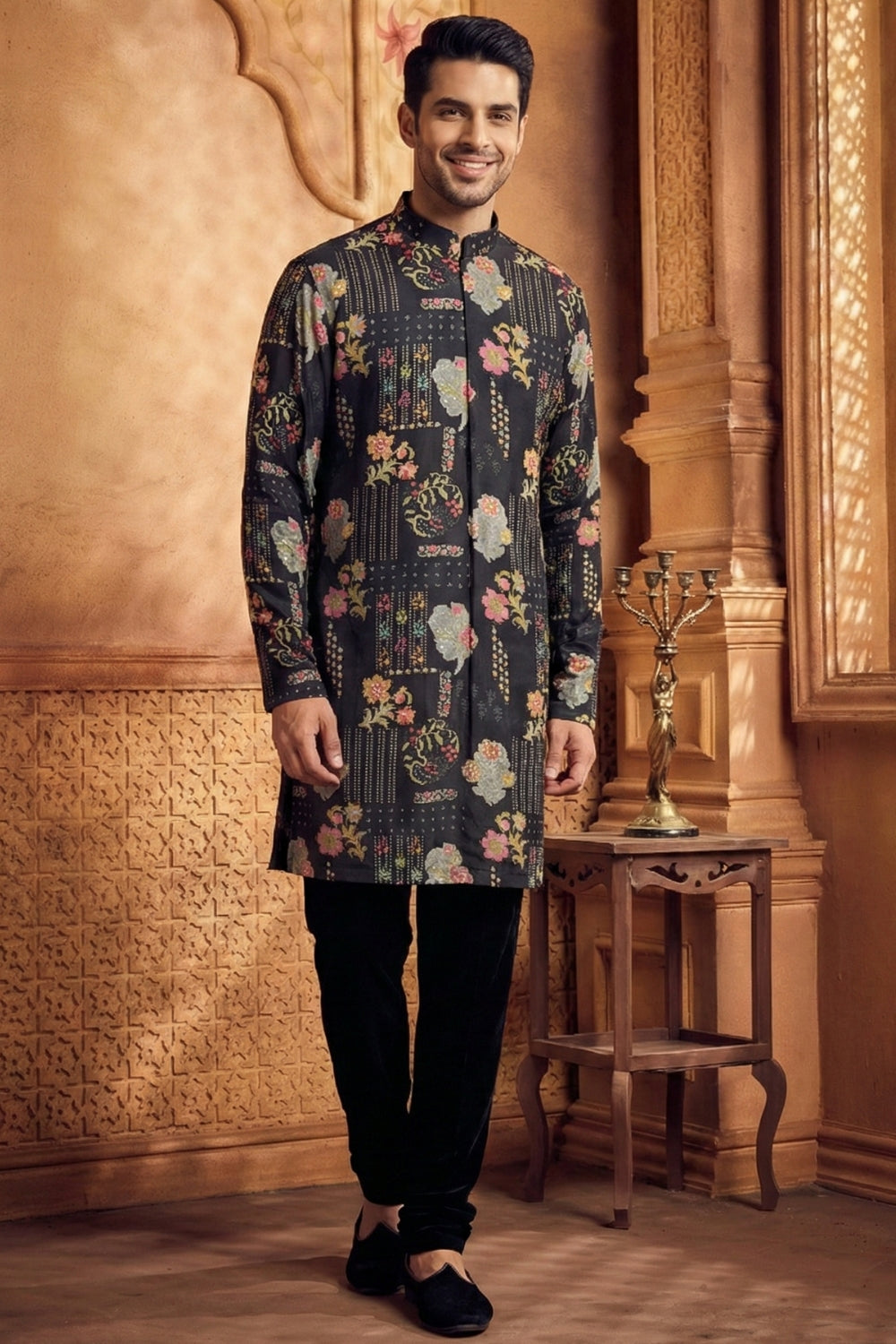 Black Silk Indo Western With Moti And Resham Embroidery Work