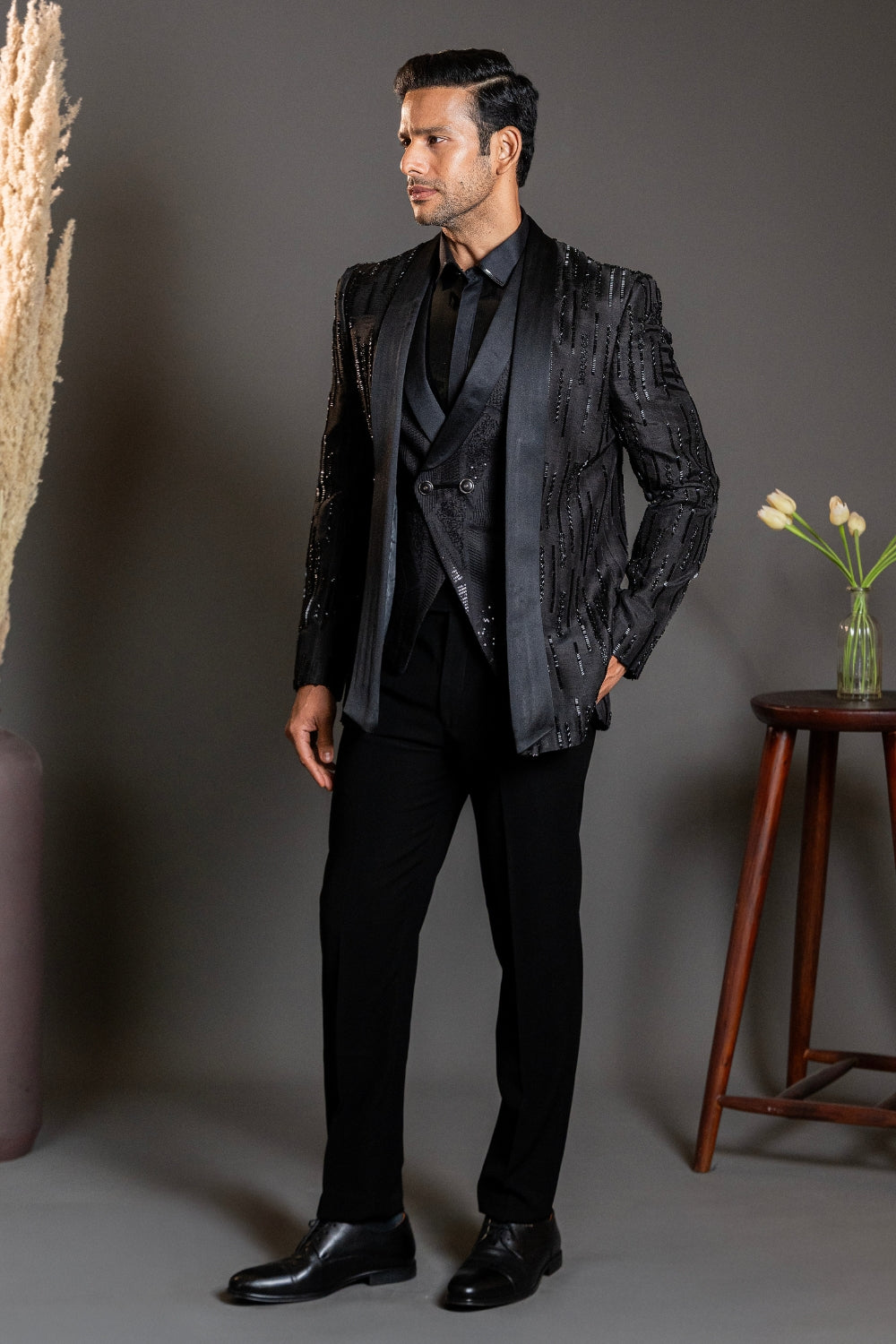 Black Silk Tuxedo With Cutdana Work