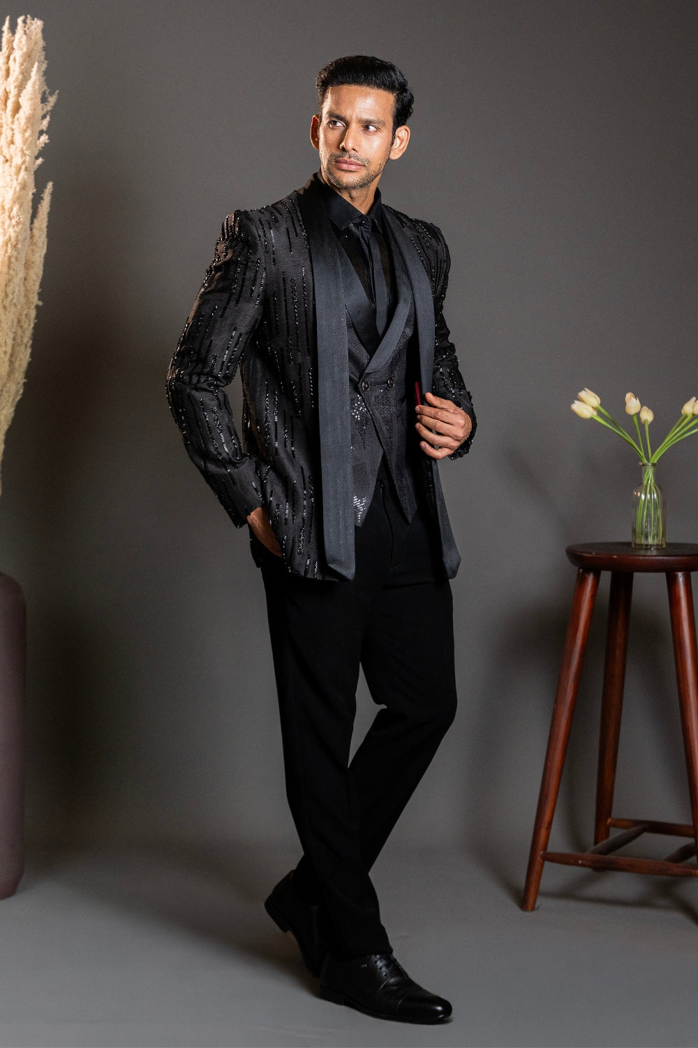 Black Silk Tuxedo With Cutdana Work
