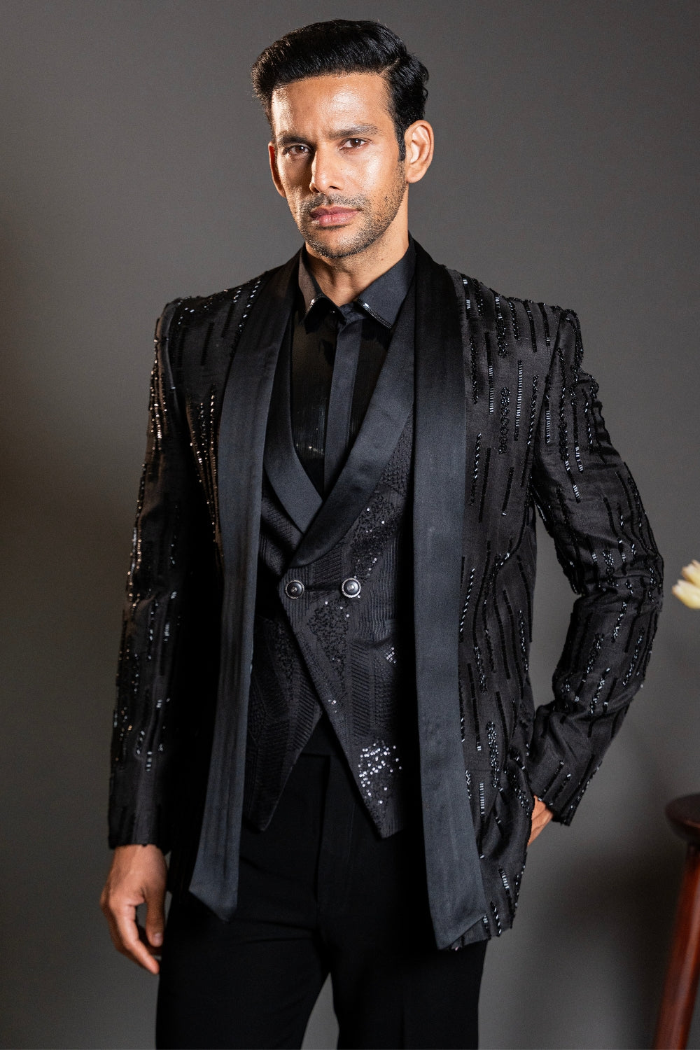 Black Silk Tuxedo With Cutdana Work