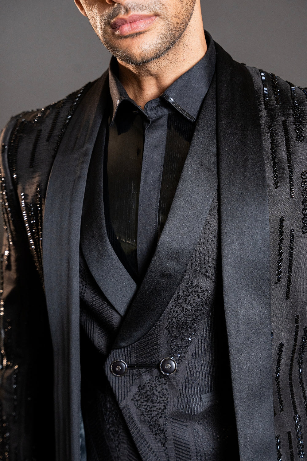 Black Silk Tuxedo With Cutdana Work