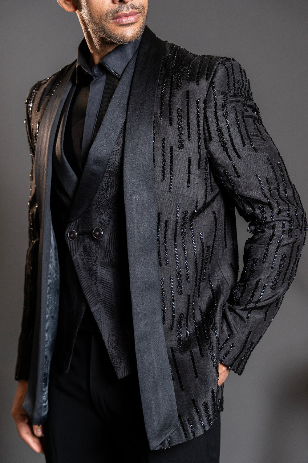 Black Silk Tuxedo With Cutdana Work