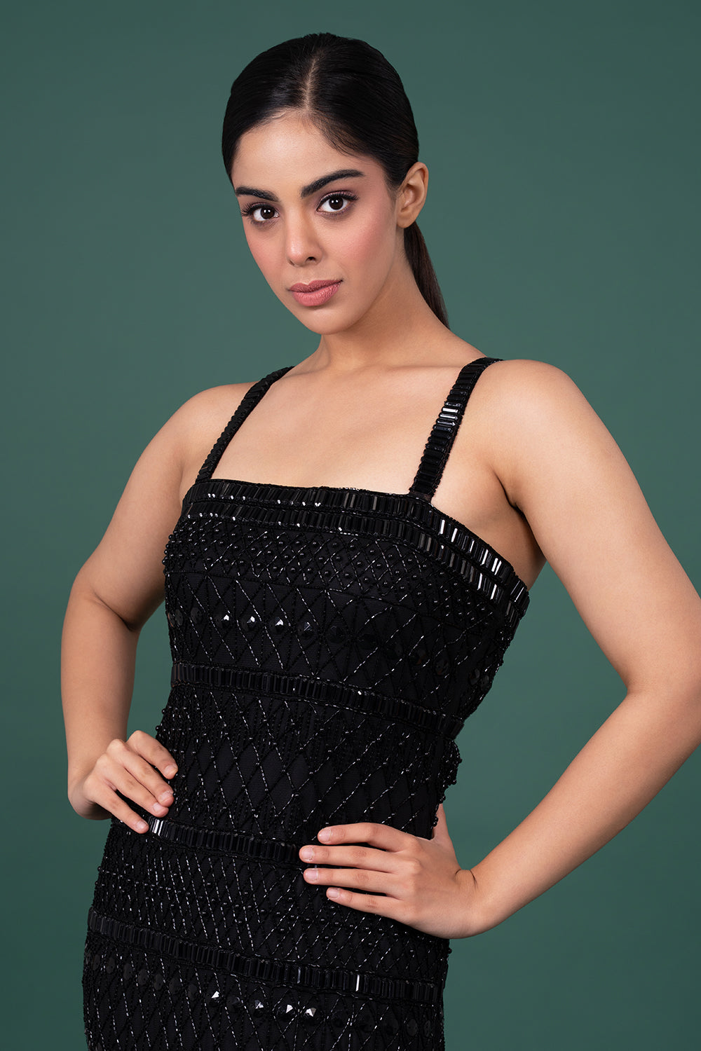 Black Strapless Mermaid Gown With Horizontal Sequin Banding And Lattice Beadwork