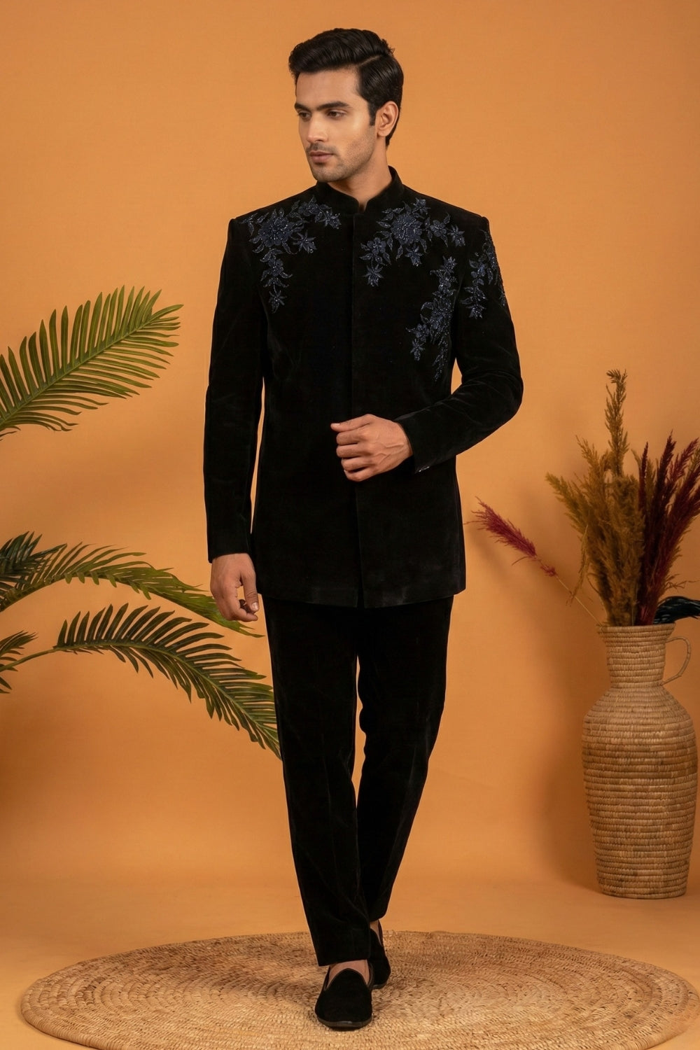 Black Velvet Indo Western With Cutdana And Moti Work