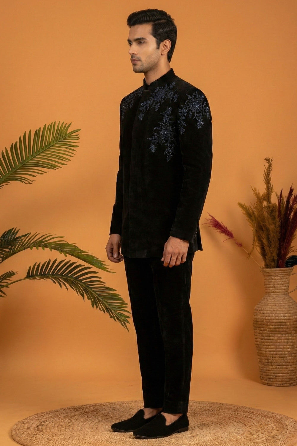 Black Velvet Indo Western With Cutdana And Moti Work