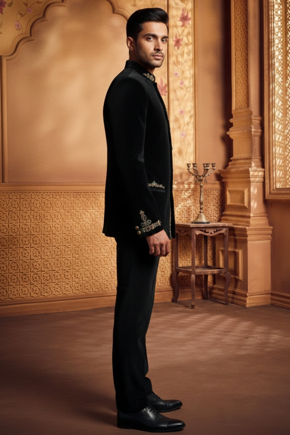 Black Velvet Jodhpuri Set With Moti And Cutdana Work