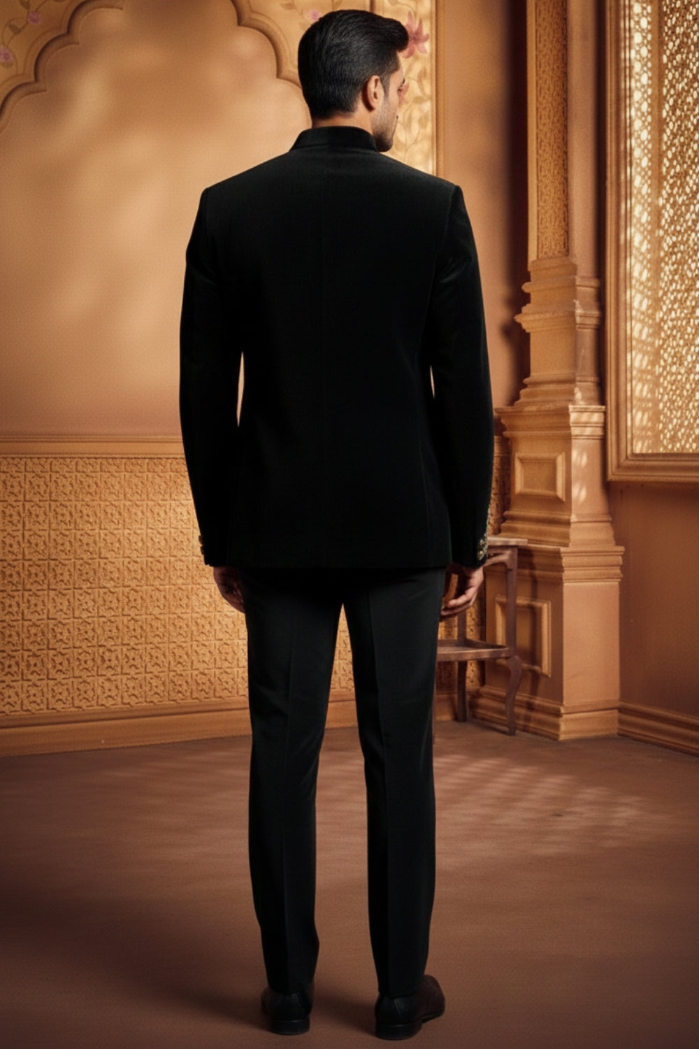 Black Velvet Jodhpuri Set With Moti And Cutdana Work