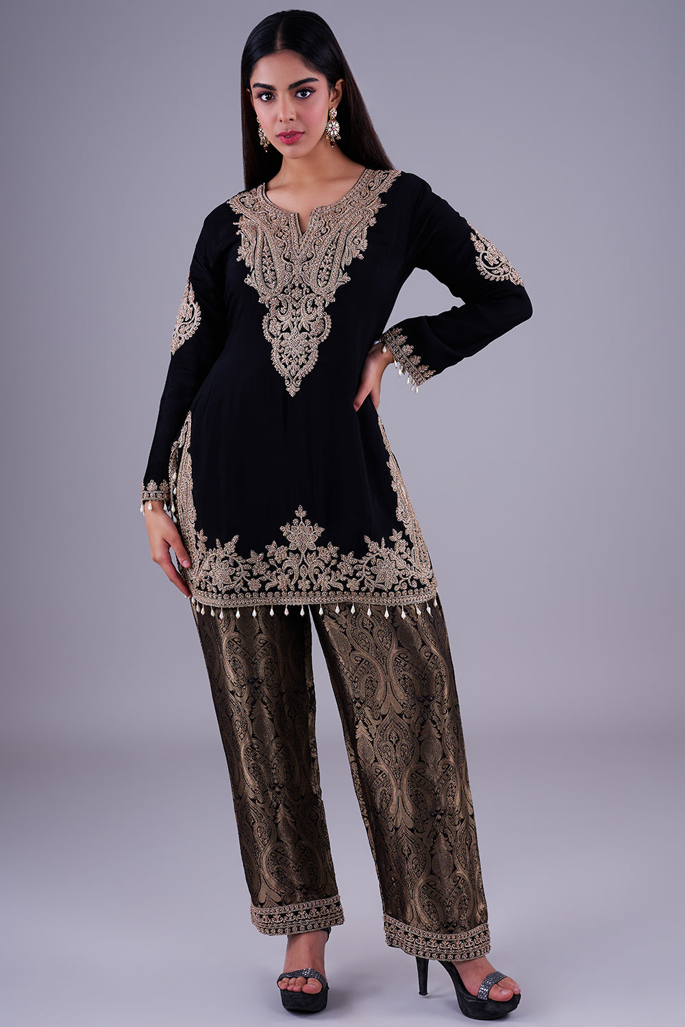 Black Antique-Gold Embroidered Kurta Set
