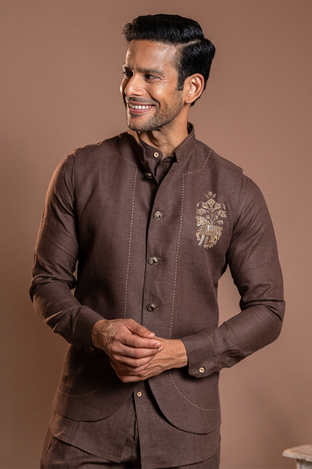 Brown Linen Koti Set With Zardosi Work