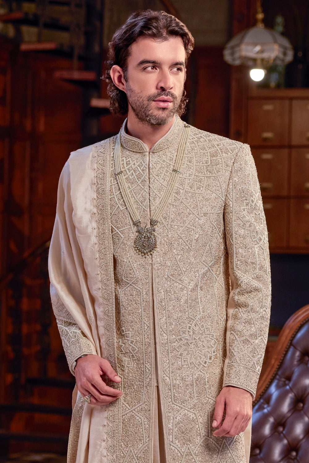 Cream Silk Indo-Western Set with Cutdana Work