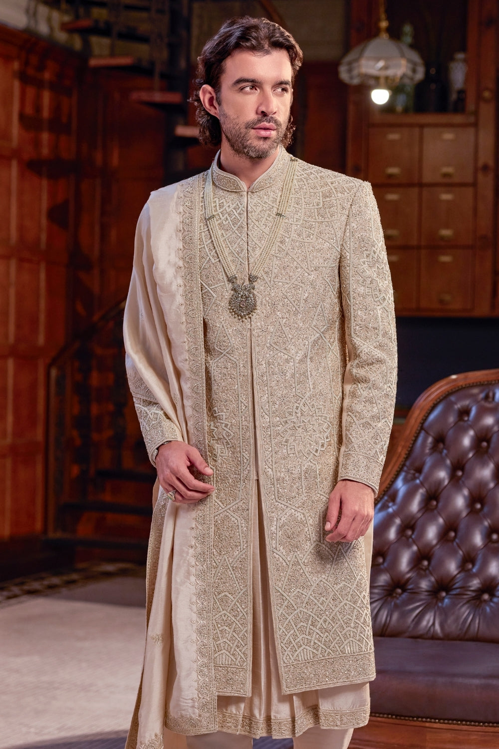 Cream Silk Indo-Western Set with Cutdana Work