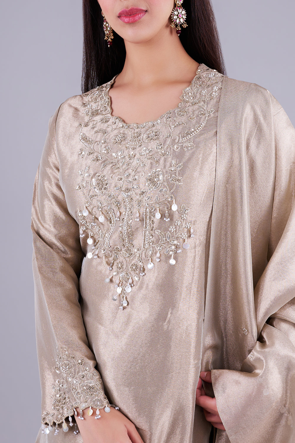 Champagne Embroidered Kurta With Palazzos