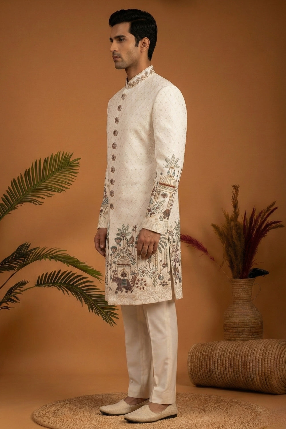 Cream Imported Indo Western With Moti And Zardosi Work