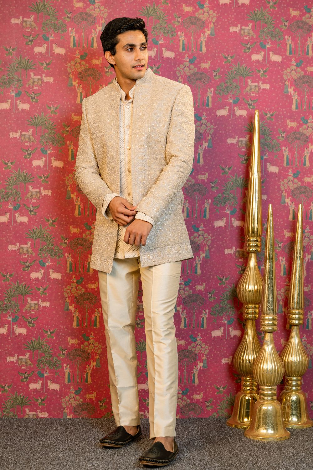 Cream Indo Western With Sequins And Embroidery Work
