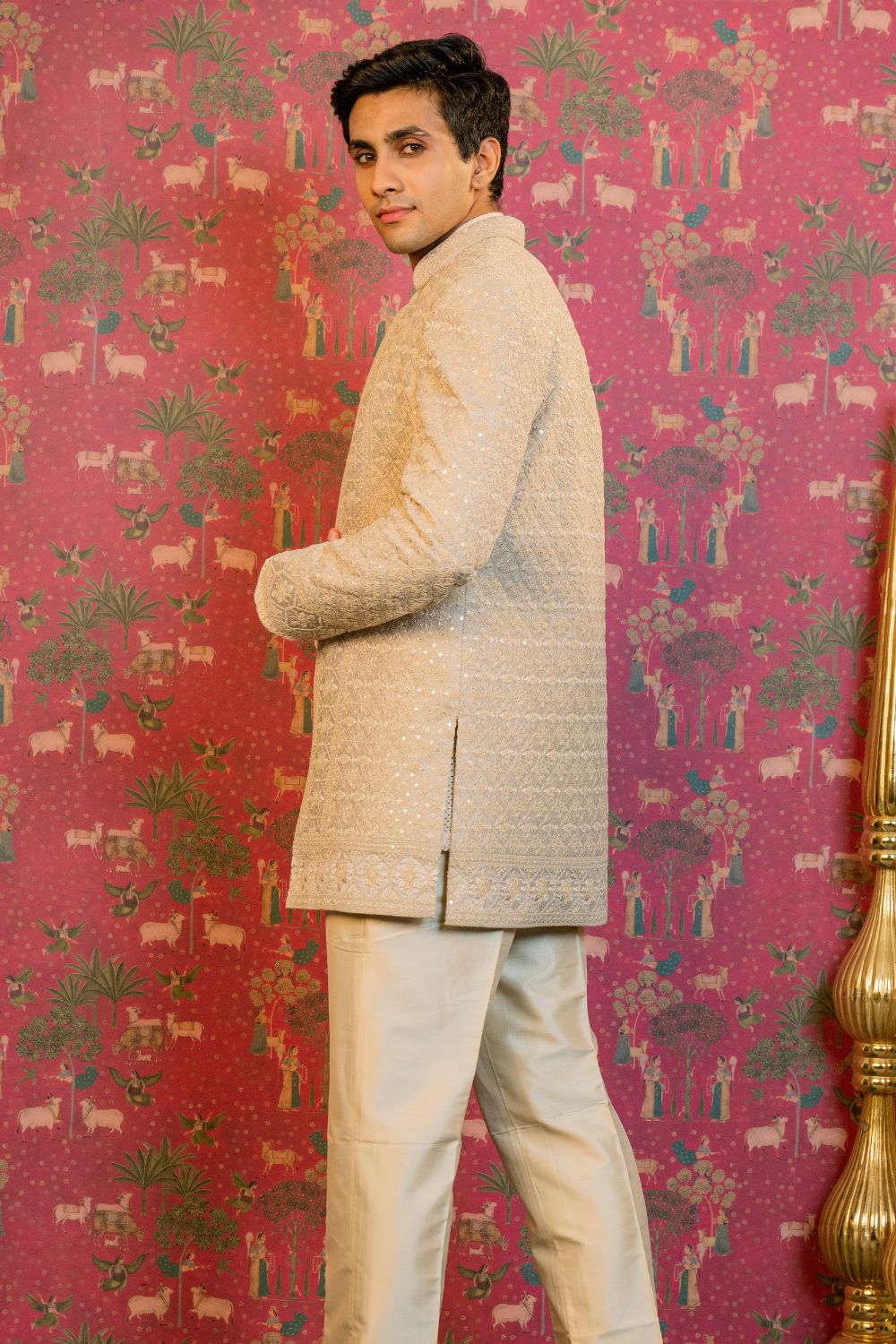 Cream Indo Western With Sequins And Embroidery Work