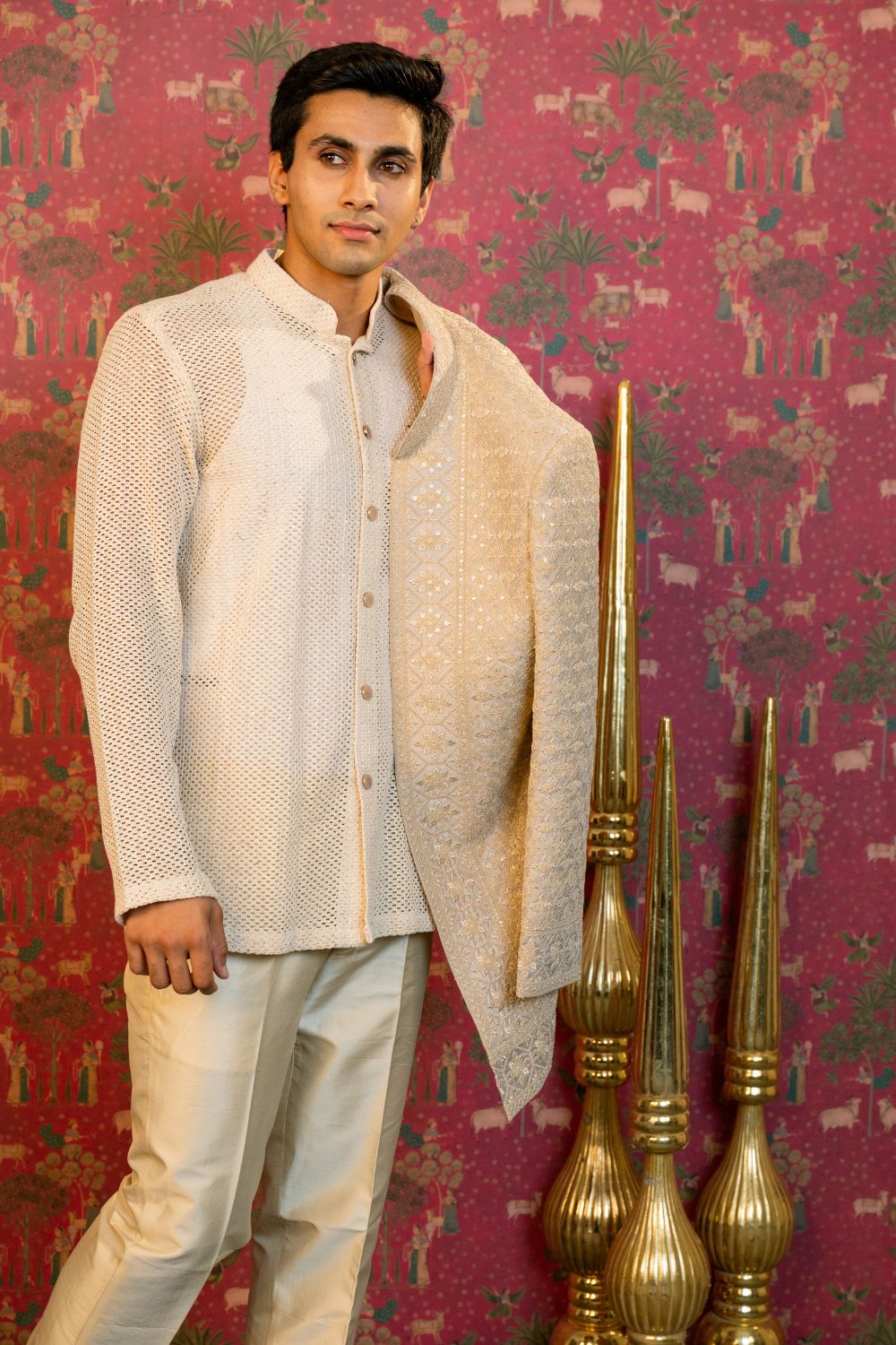 Cream Indo Western With Sequins And Embroidery Work