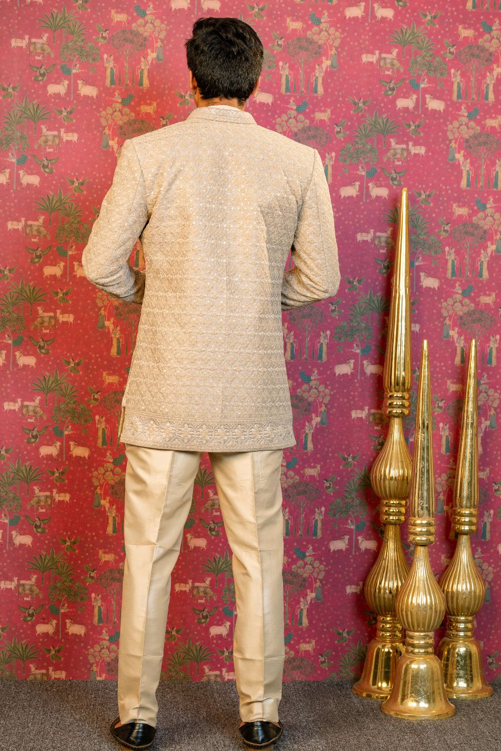 Cream Indo Western With Sequins And Embroidery Work