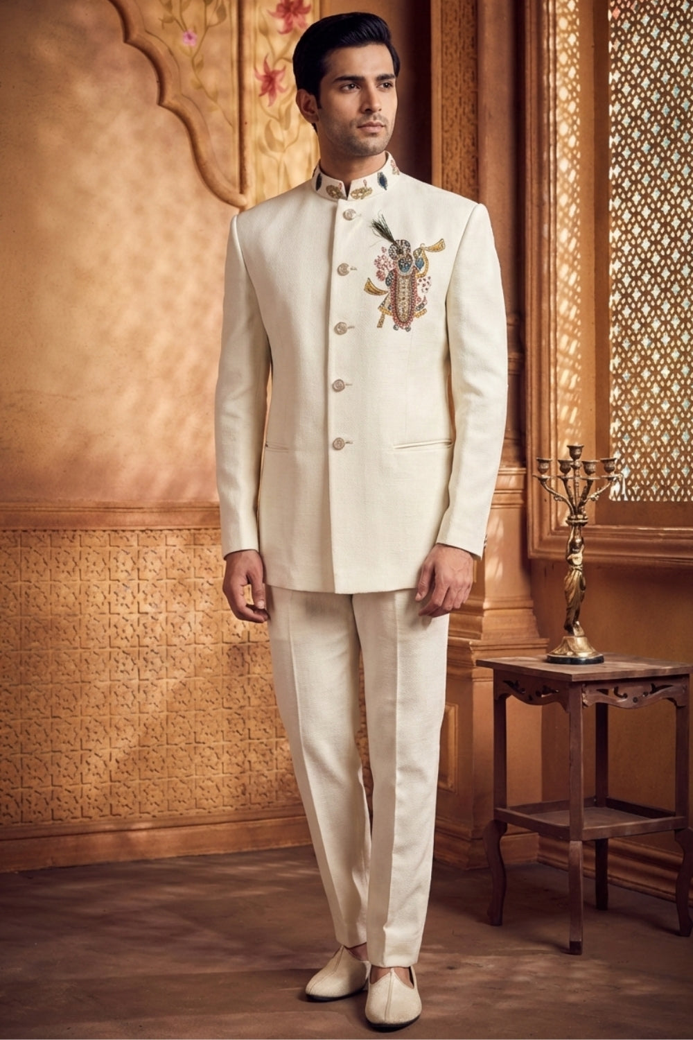Cream Matka Silk Jodhpuri Set With Cutdana And Moti Work