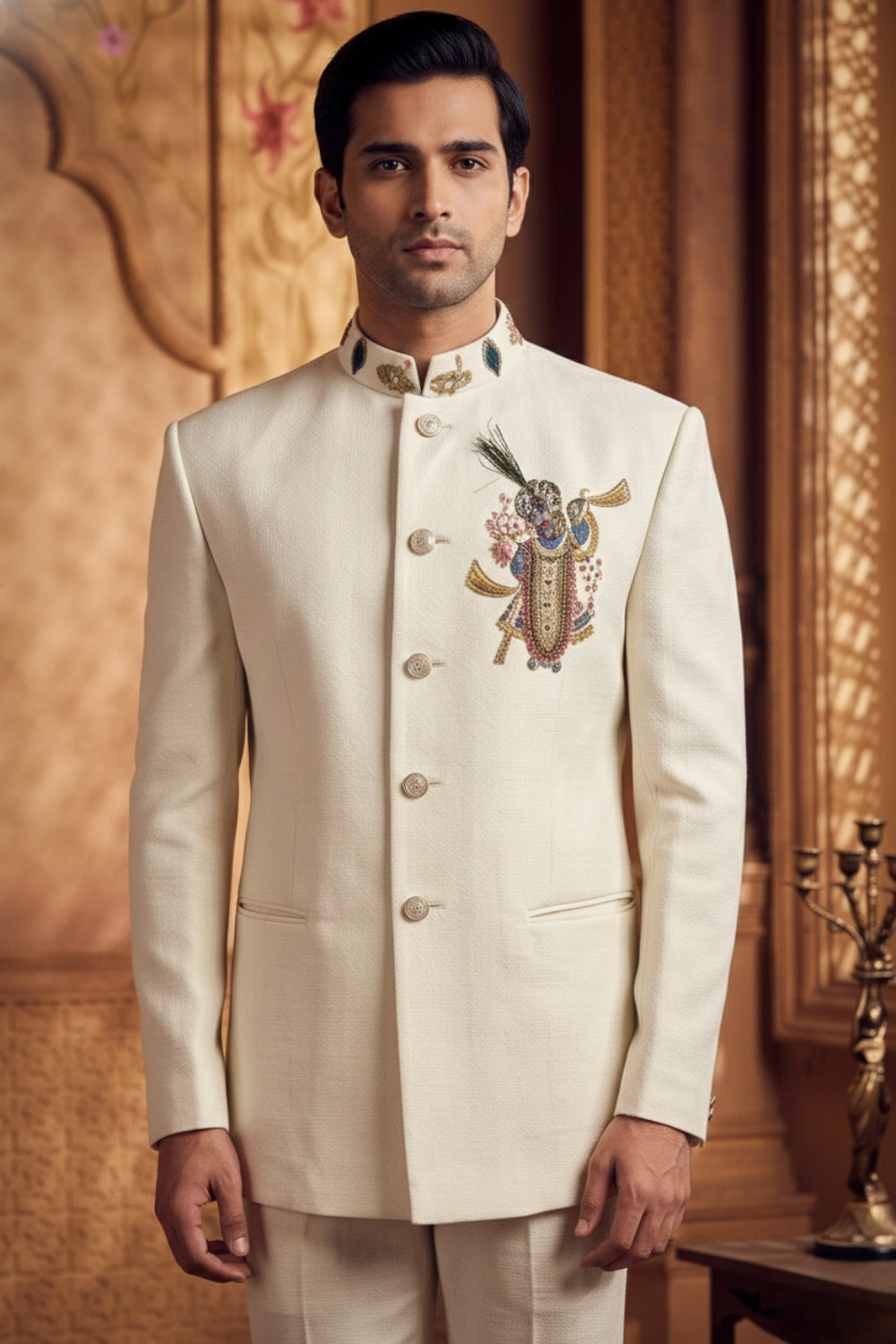 Cream Matka Silk Jodhpuri Set With Cutdana And Moti Work