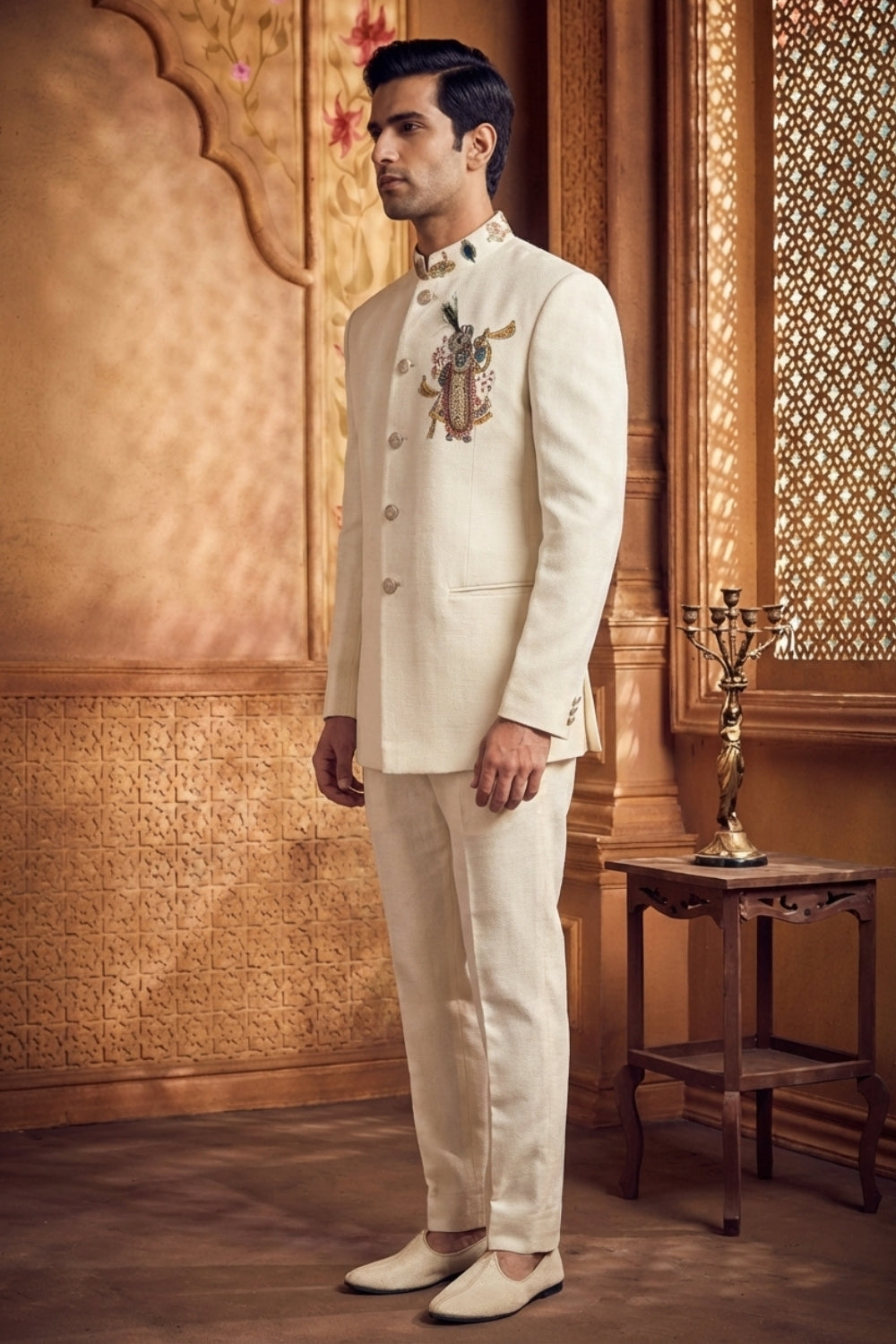 Cream Matka Silk Jodhpuri Set With Cutdana And Moti Work