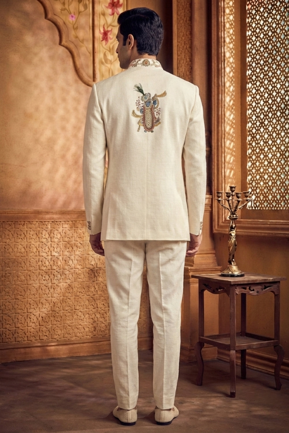Cream Matka Silk Jodhpuri Set With Cutdana And Moti Work