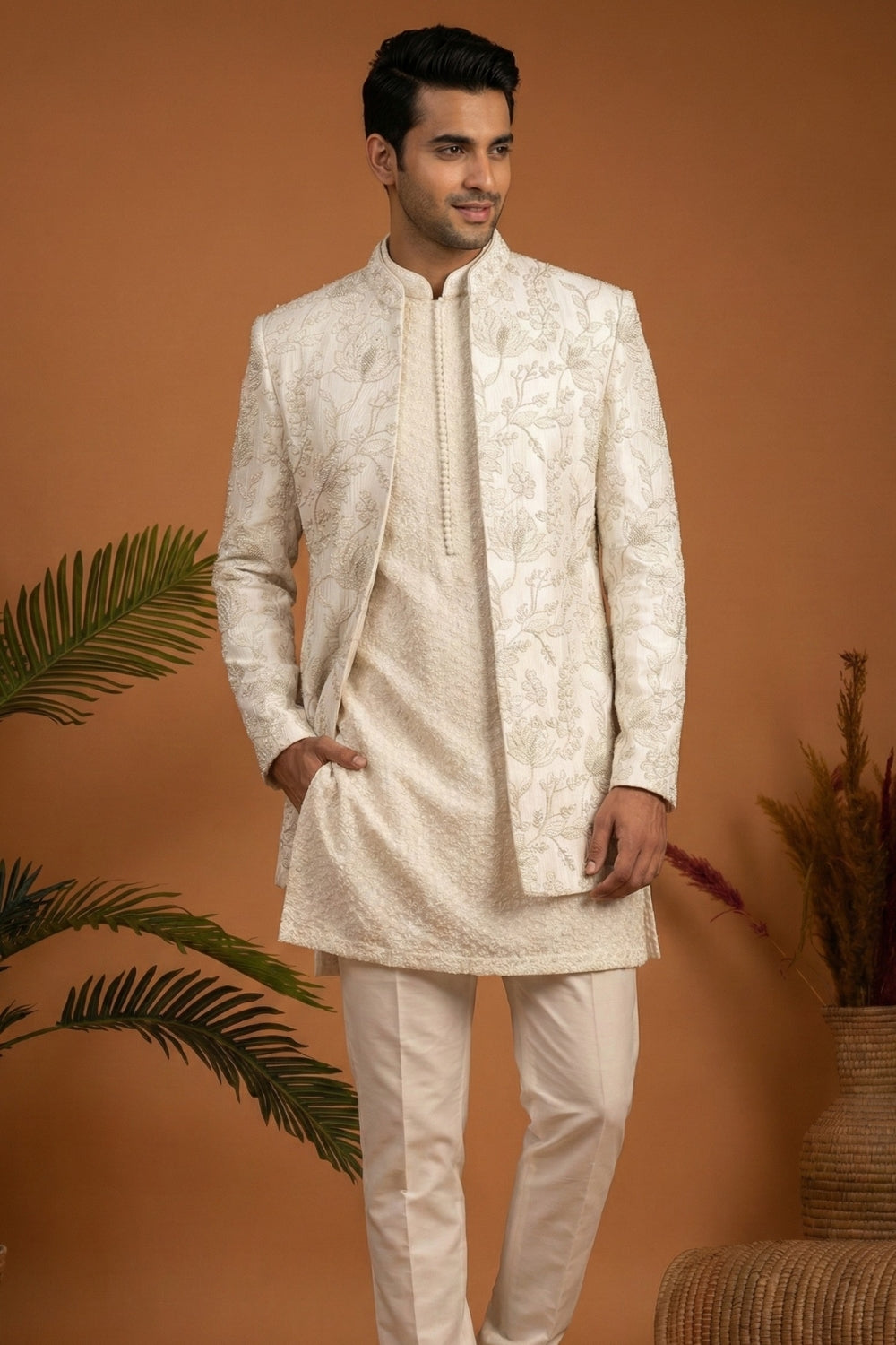 Cream Silk Indo Western With Cutdana And Moti Work