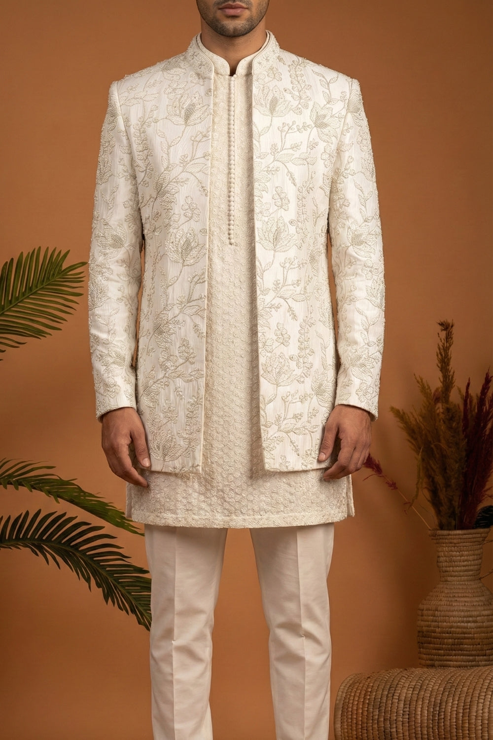 Cream Silk Indo Western With Cutdana And Moti Work