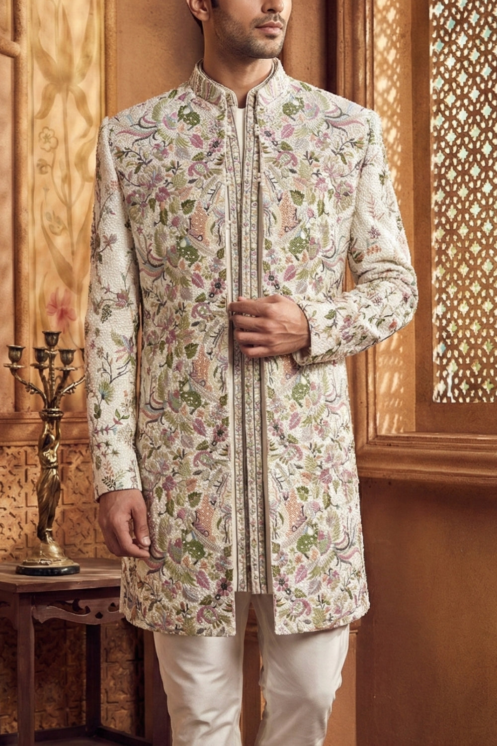 Cream Silk Indo Western With Sequins And Resham Embroidery